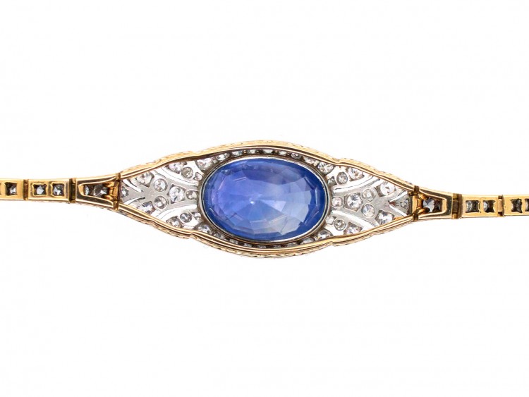 18ct Gold & Platinum Natural Ceylon Sapphire & Diamond Art Deco Bracelet