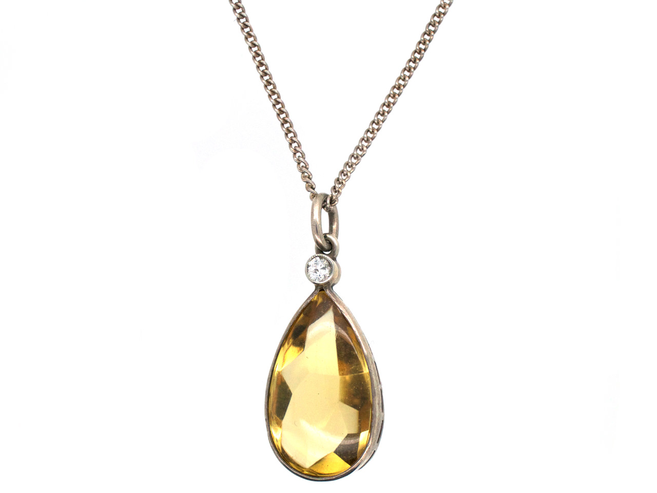 Art Deco Pear Shaped Citrine & Diamond Silver Pendant on Silver Chain ...