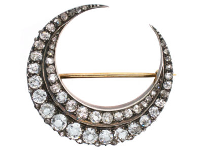 Victorian Diamond Crescent Moon Brooch in Original Case