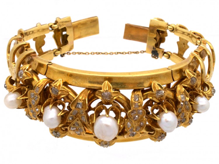 French 18ct Gold natural Pearl & Diamond Bracelet
