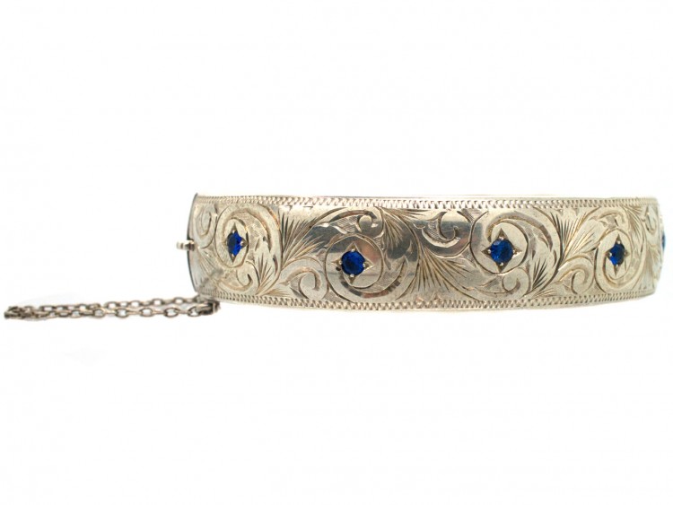 Engraved Silver 1950s Bangle Set With Sapphires