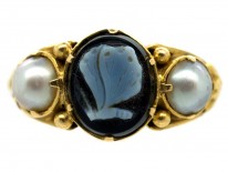 Georgian 18ct Gold, Carved Sardonyx of a Butterfly & Natural Split Pearls Mourning Ring