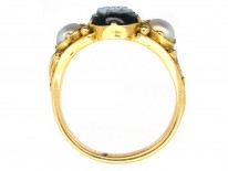 Georgian 18ct Gold, Carved Sardonyx of a Butterfly & Natural Split Pearls Mourning Ring
