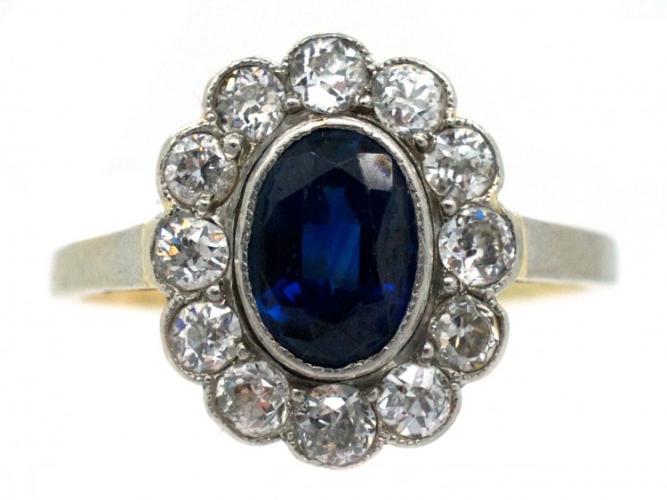 Edwardian Diamond & Sapphire Oval Cluster Ring