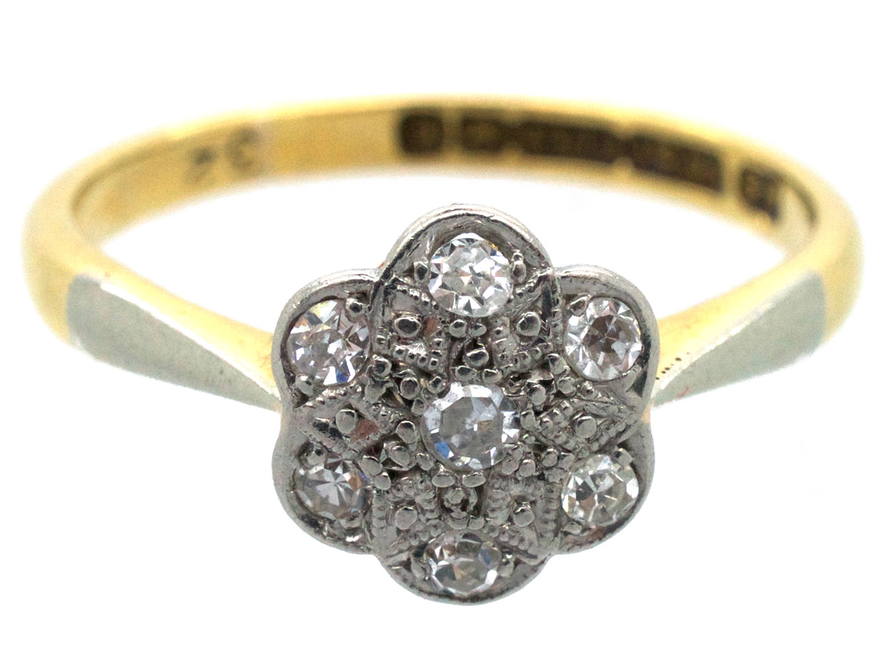 Edwardian 18ct Gold & Platinum Diamond Set Daisy Ring (614G) The