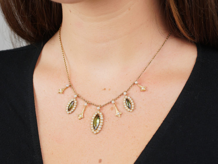 Edwardian 15ct Gold, Green Tourmaline & Natural Split Pearls Necklace