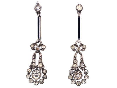 Art Deco Silver, Paste & Black Enamel Drop Earrings