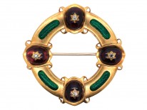 Victorian 18ct Gold Holbeinesque Brooch with Green Enamel, Garnets & Diamonds