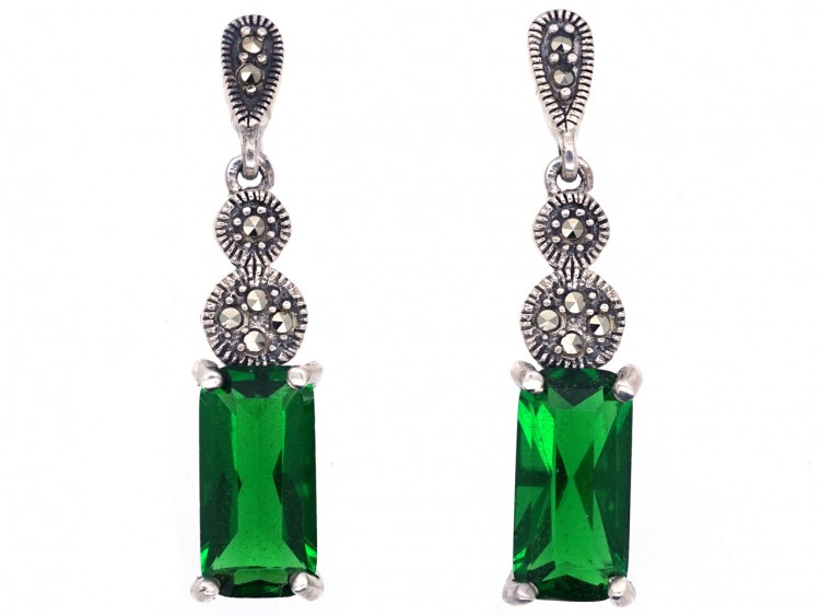 Art Deco Silver, Marcasite & Green Paste Drop Earrings