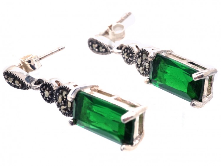 Art Deco Silver, Marcasite & Green Paste Drop Earrings
