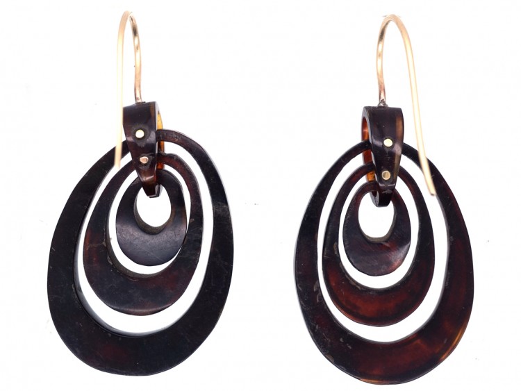 Victorian Tortoiseshell Pique Earrings Inlaid with Gold & Mother of Pearl