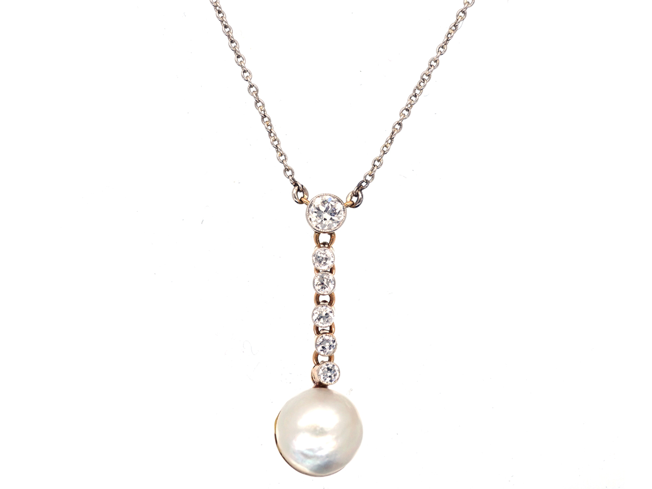 Pearl & Diamond Pendant on Chain (665G) | The Antique Jewellery Company