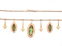 Edwardian 15ct Gold, Green Tourmaline & Natural Split Pearls Necklace