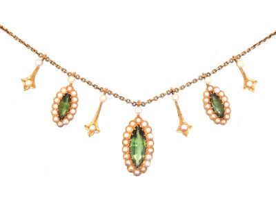 Edwardian 15ct Gold, Green Tourmaline & Natural Split Pearls Necklace