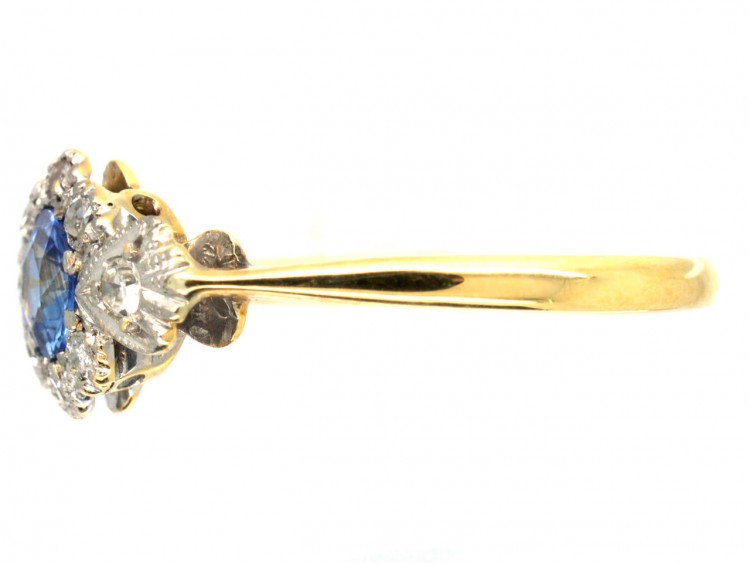 Art Deco Sapphire & Diamond Cluster Ring with Diamond Shoulders