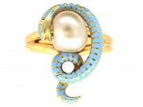 Victorian 18ct Gold Coiled Enamel Snake & Natural Pearl Ring
