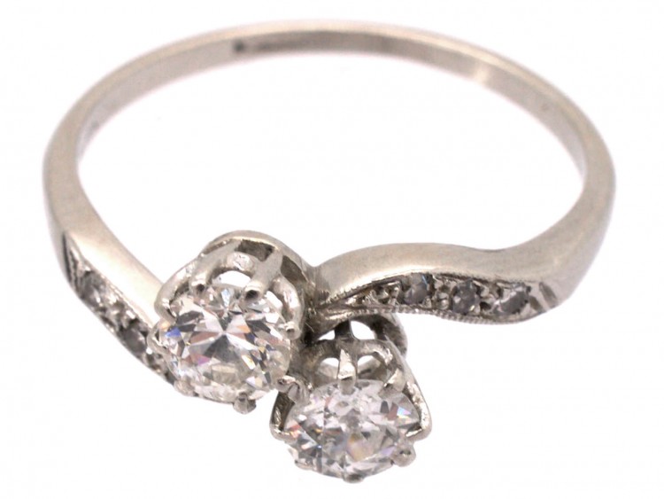 Edwardian Two Stone Diamond Crossover Platinum Ring