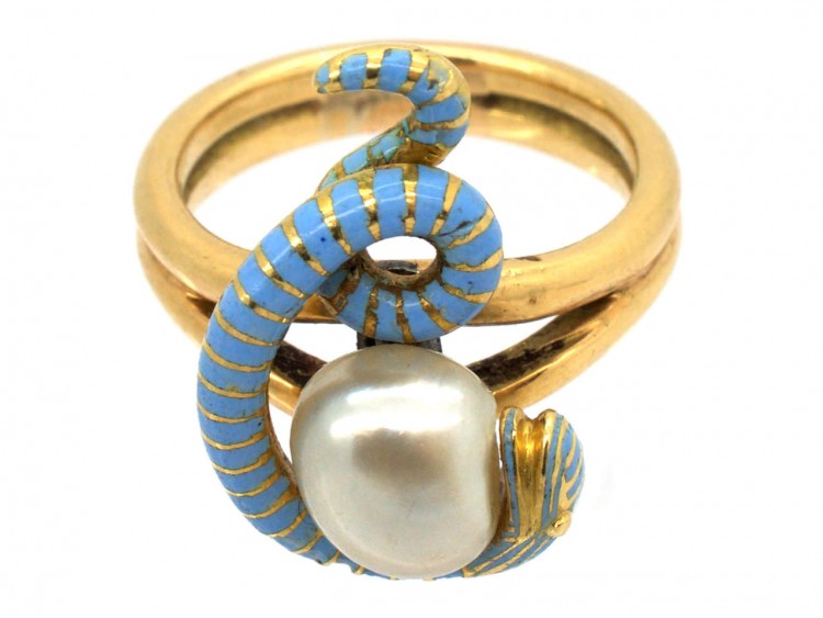 Victorian 18ct Gold Coiled Enamel Snake & Natural Pearl Ring