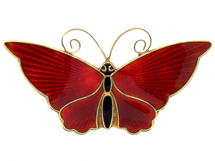 Silver & Red Enamel Butterfly Brooch by David Anderson