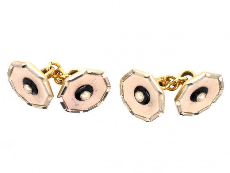9ct & 18ct Gold Art Deco Cufflinks Set With Onyx, Mother of Pearl & Natural Split Pearls