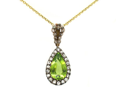 Edwardian Peridot & Diamond Pear Shaped Pendant on Gold Chain