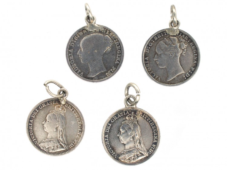 Four Victorian Silver Sixpence Charms with Grandma, Tom, Alice and We on the reverse