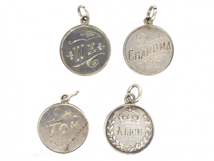 Four Victorian Silver Sixpence Charms with Grandma, Tom, Alice and We on the reverse