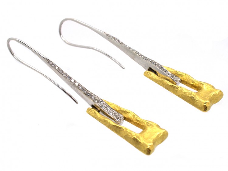 Modernist 18ct White & Yellow Gold & Diamond Drop Earrings