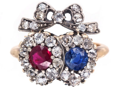 Victorian Double Heart Ring set with a Sapphire, Ruby & Diamonds