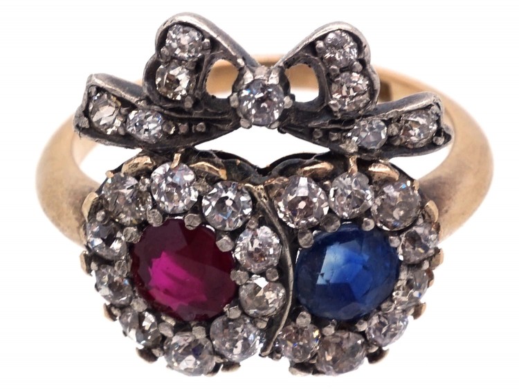 Victorian Double Heart Ring set with a Sapphire, Ruby & Diamonds