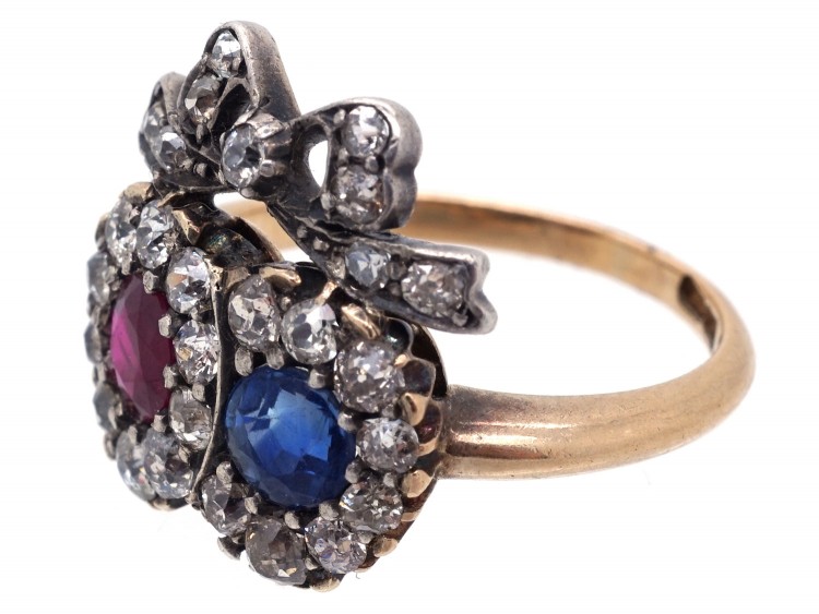 Victorian Double Heart Ring set with a Sapphire, Ruby & Diamonds