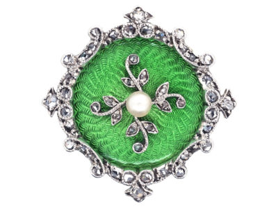 Edwardian 15ct Gold, Green Enamel, Natural Pearl & Diamond Brooch