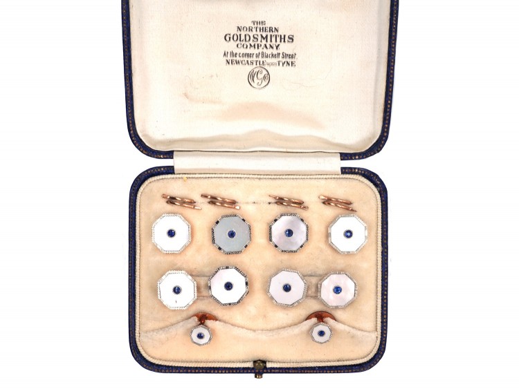 9ct & 18ct Gold Dress Set with Cufflinks Buttons & Studs set with Mother of Pearl & Sapphires