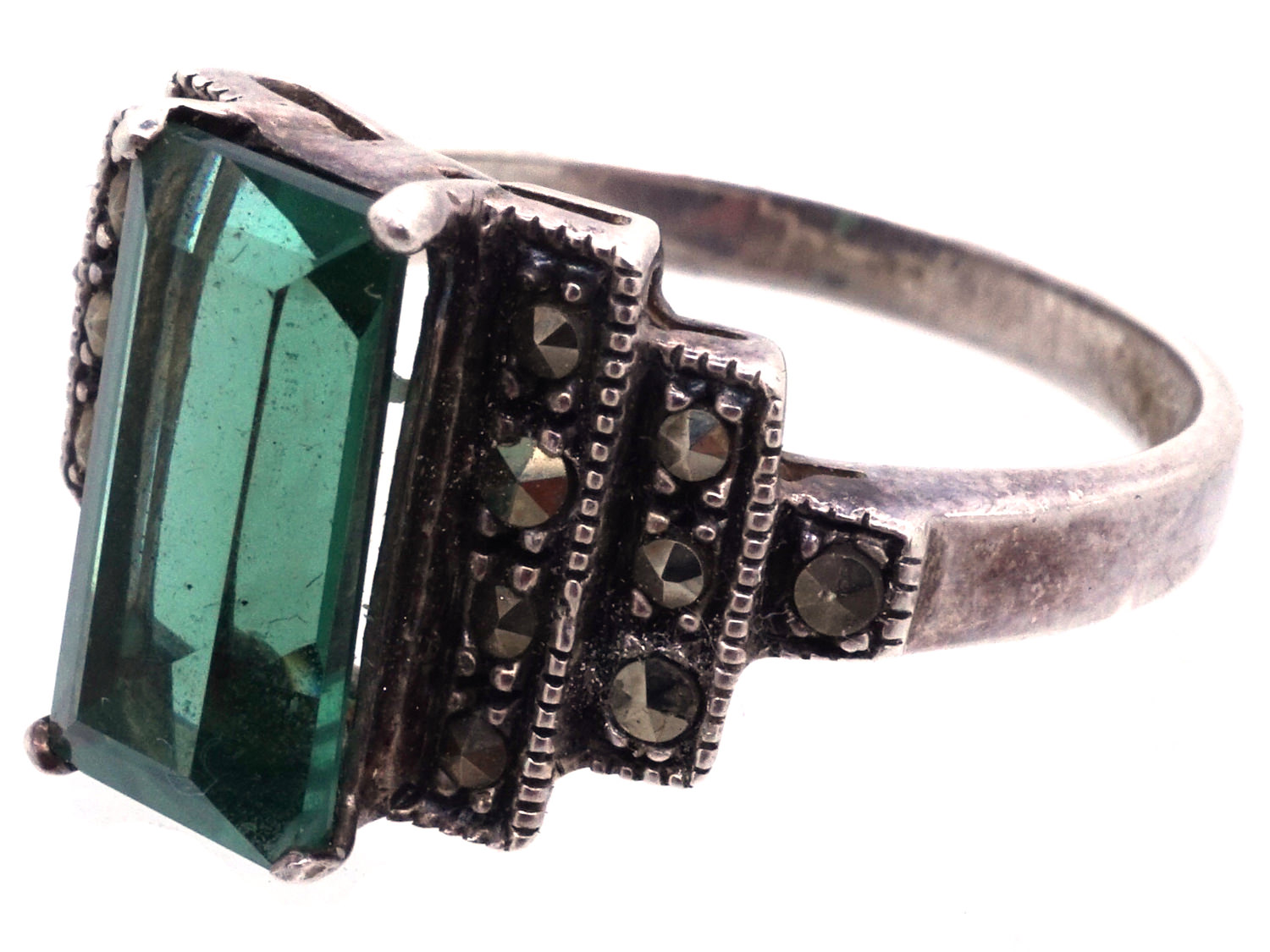 Silver, Marcasite & Green Paste Art Deco Ring (994B1/OJ) The Antique