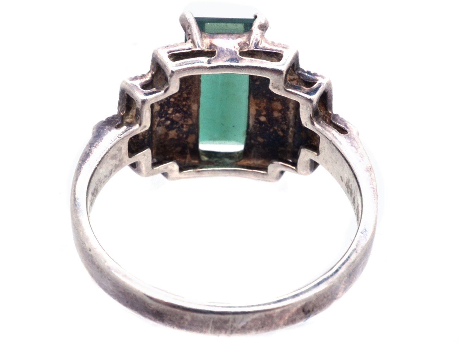 Silver, Marcasite & Green Paste Art Deco Ring (994B1/OJ) The Antique