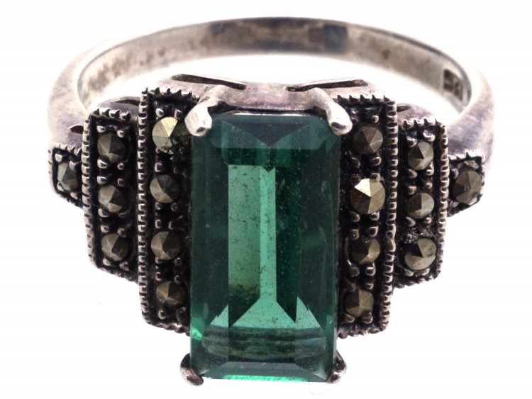 Silver, Marcasite & Green Paste Art Deco Ring