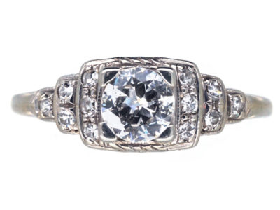 Art Deco 18ct White Gold Diamond Solitaire Ring with Diamond Shoulders
