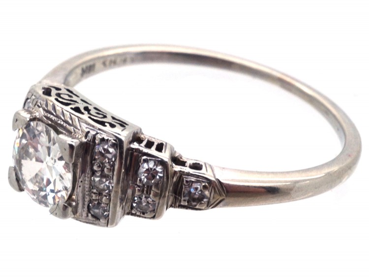 Art Deco 18ct White Gold Diamond Solitaire Ring with Diamond Shoulders
