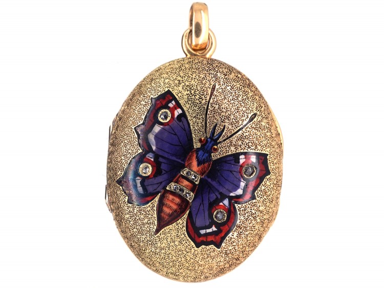 Victorian 15ct Gold Oval Locket with Enamel & Diamond Butterfly