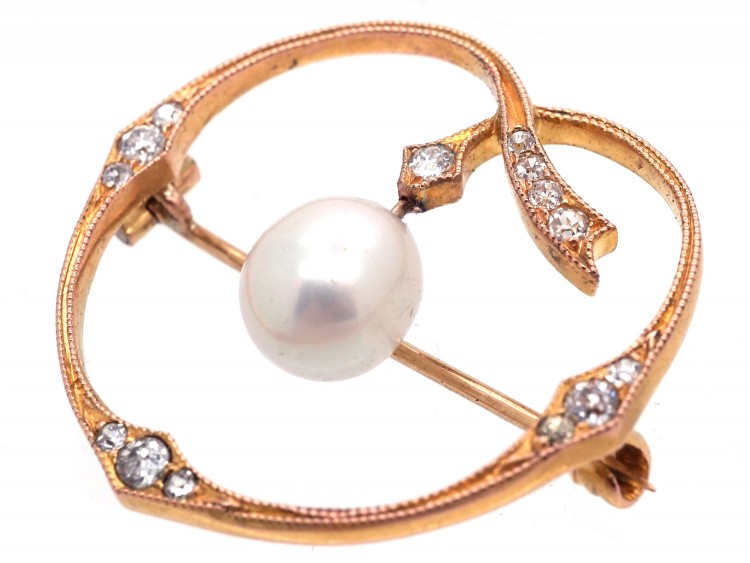 Edwardian 18ct Gold, Pearl & Diamond Heart Shaped Brooch