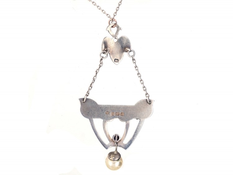 Art Nouveau Silver, Pearl, Turquoise & Enamel Pendant on Silver Chain