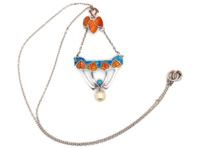 Art Nouveau Silver, Pearl, Turquoise & Enamel Pendant on Silver Chain