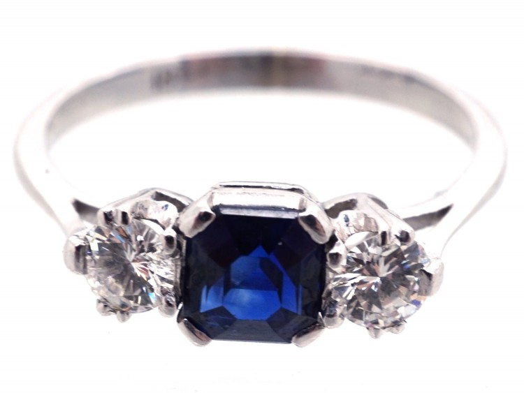 Art Deco 18ct White Gold Three Stone Sapphire & Diamond Ring