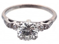Art Deco 18ct White Gold & Platinum & Diamond Solitaire Ring with Diamond Shoulders