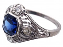 Art Deco 18ct White Gold & Platinum Ceylon Sapphire & Diamond Ring