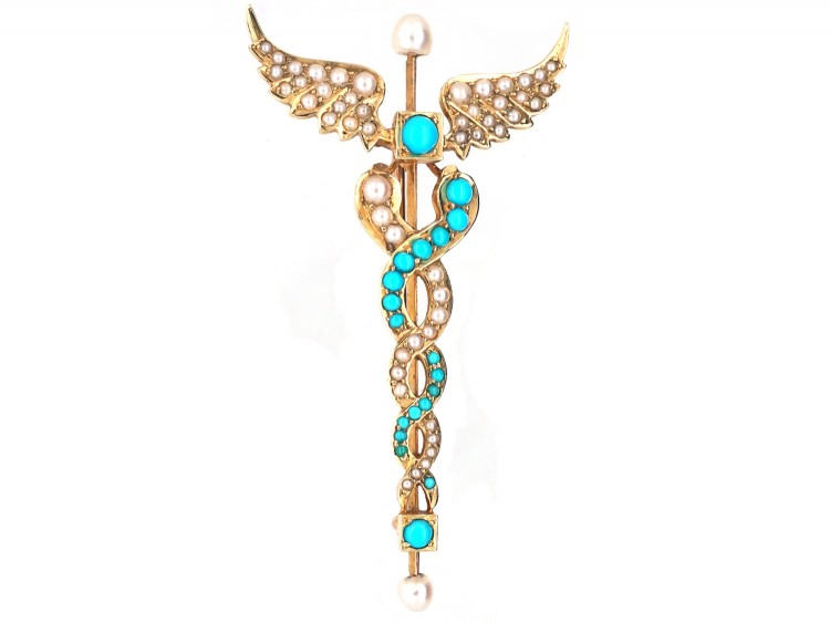 Edwardian 15ct Gold, Turquoise & Natural Split Pearl Caduceus Brooch