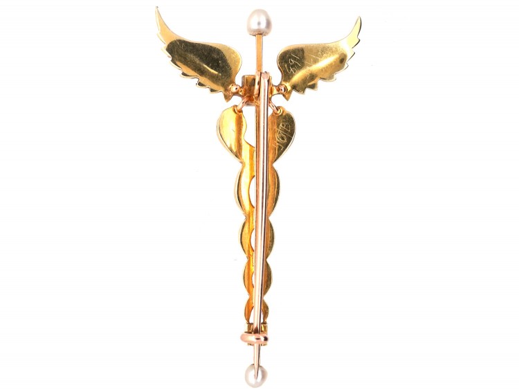 Edwardian 15ct Gold, Turquoise & Natural Split Pearl Caduceus Brooch