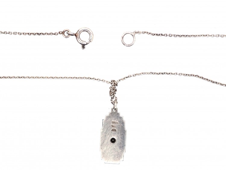 Art Deco Silver, Onyx & Diamond Pendant on Silver Chain