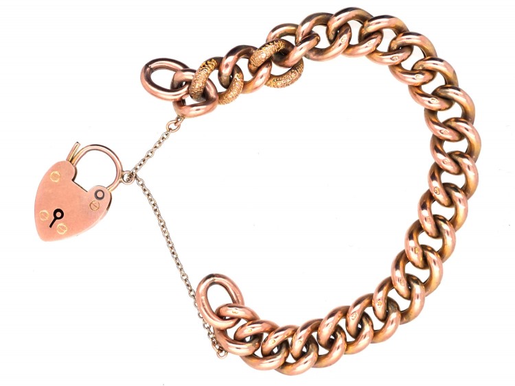 Edwardian 9ct Gold Decorated & Plain Link Curb Bracelet