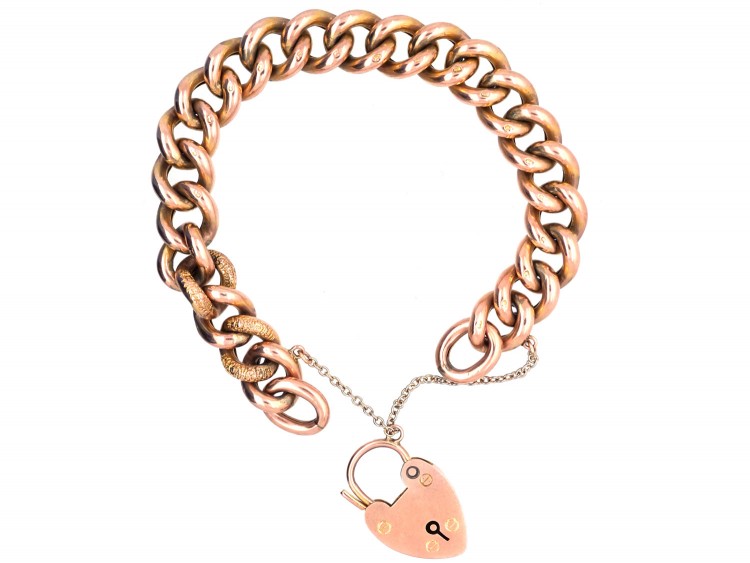 Edwardian 9ct Gold Decorated & Plain Link Curb Bracelet